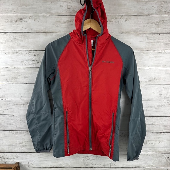 Columbia Youth Lightweight‎ Hooded Windbreaker Jacket Large 14-16 Red Gray - Picture 2 of 14